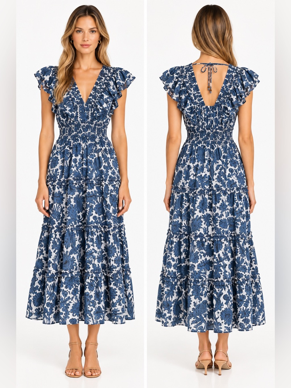 Maxime Zeberg Toronto Size 3 Large Blue White Floral Boho Ruffle Tiered Midi Dre